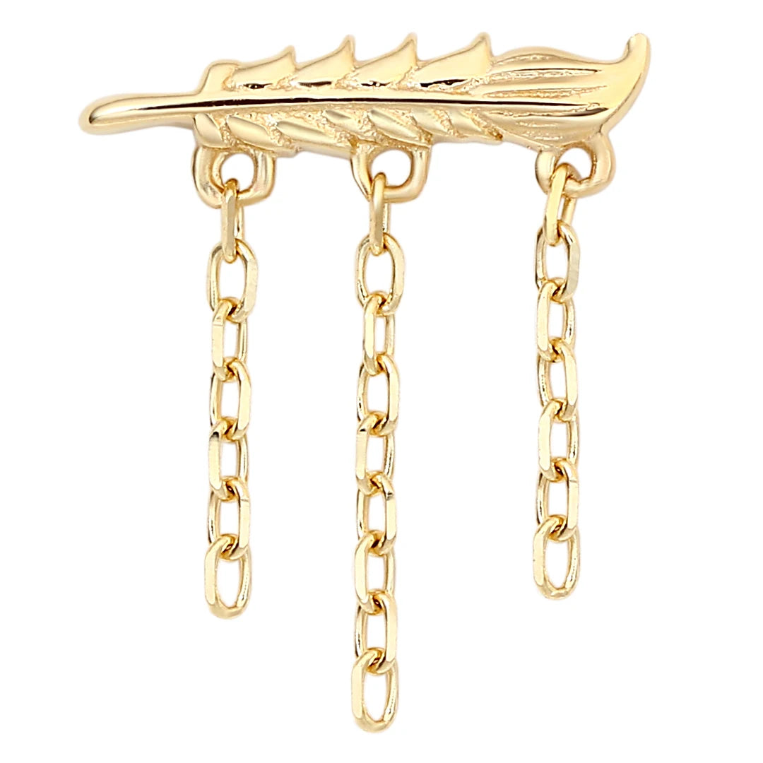 Eternal Metal 14K Solid Yellow Gold Leaf Shaped Dangle Chain Tassel Belly&Ear Piercing Jewelry Threadless Push in  Ends Tops