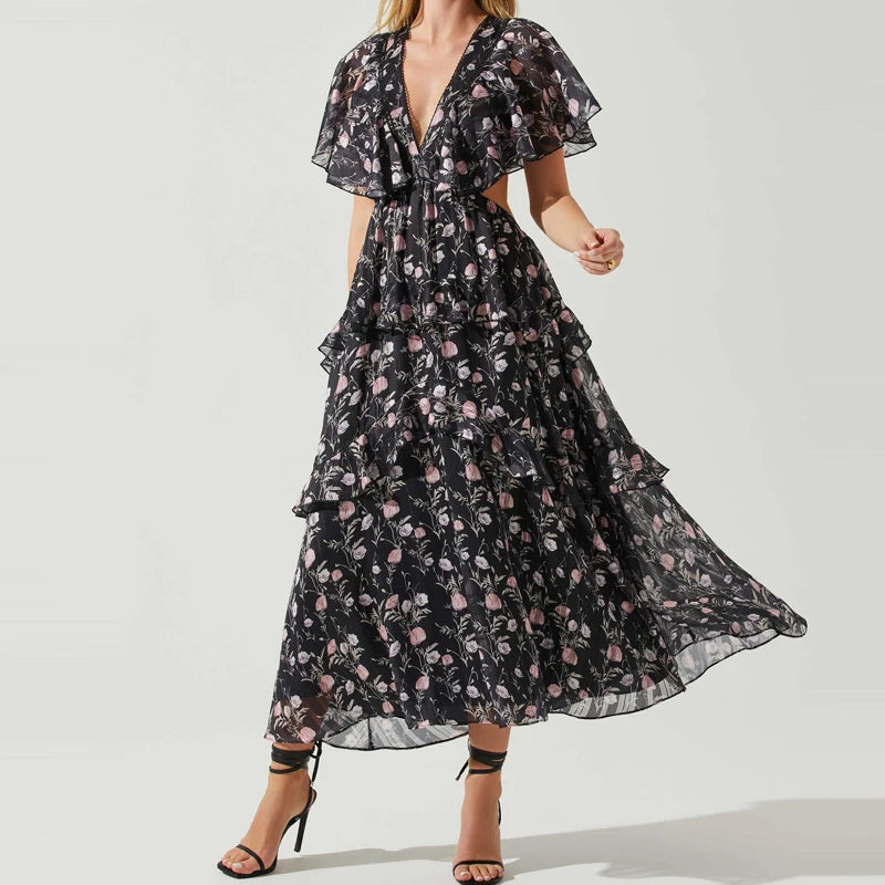 Women Floral Maxi Dress V Neck Cut Out 100% Polyester Short Sleeve Beach Vacation Casual Elegant Boho Gown OEM Wholesale