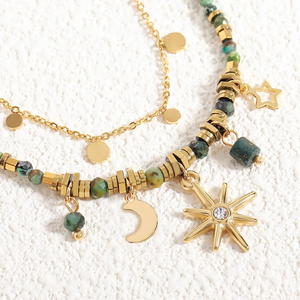 Vintage Colorful Natural Stone Handmade Beaded Necklace Overlap the Collarbone Chain Boho Beaded Star Pendant Necklace