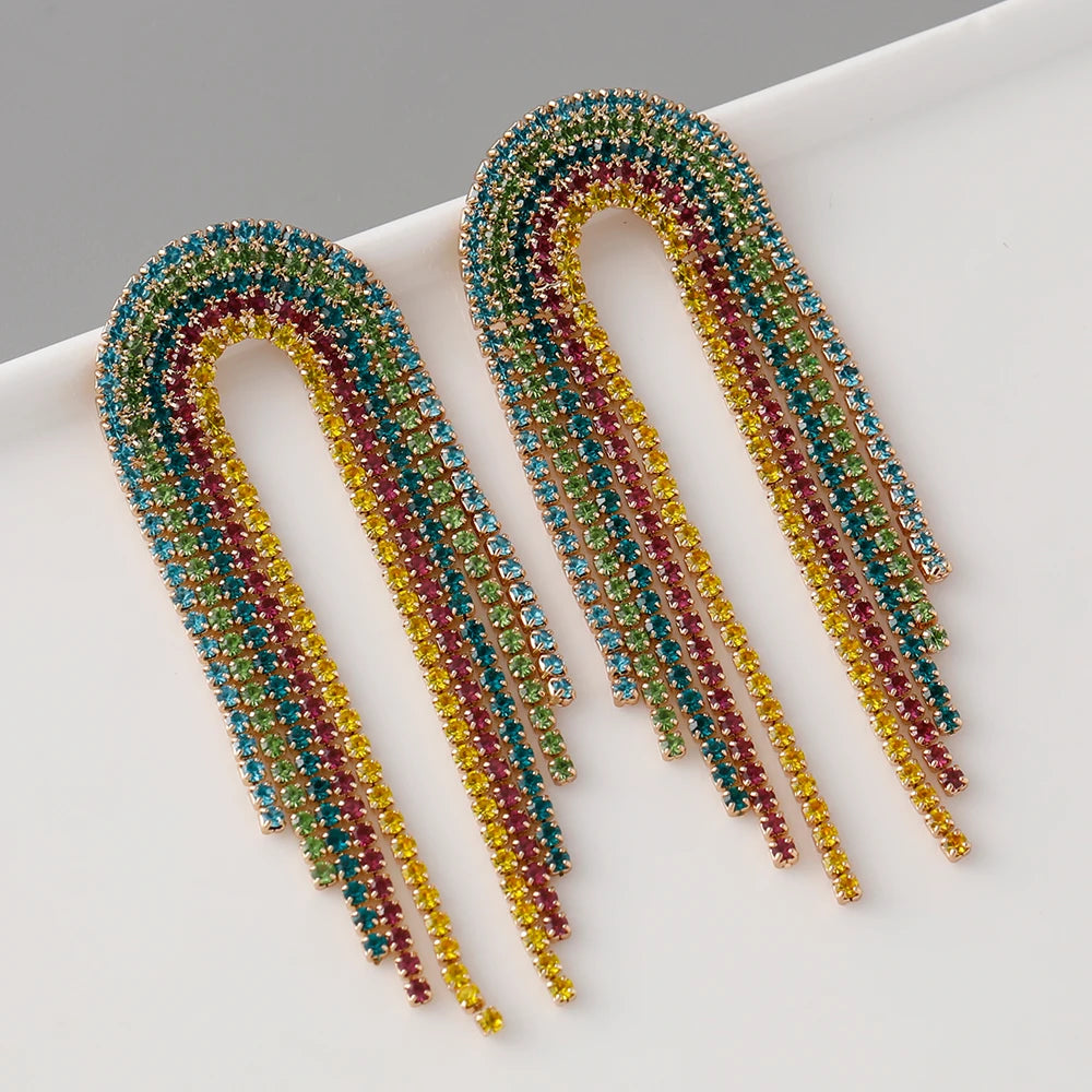 Statement Jewelry Colored Diamond Party Earrings Bling Claw Setting Rhinestone Crystal Tassel Earrings for Women