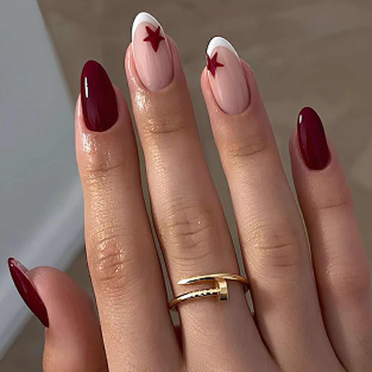Dropshipping 24pcs 4377 French Short Almond Romantic Art Acrylic Press on Nails Artificial Fingernails False Nails