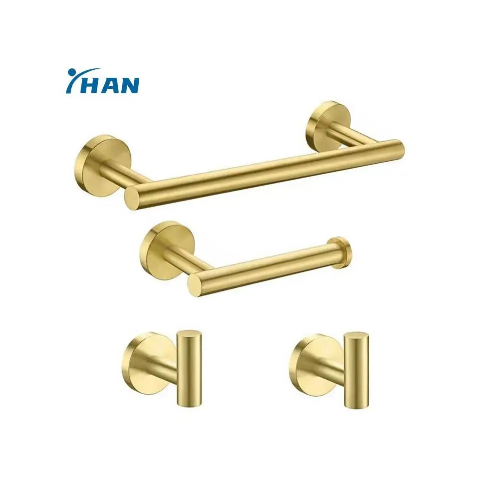 Gold SUS304 Stainless Steel 4 Piece Wall Mounted Bathroom Hardware Set Towel Bar Toilet Paper Holder and 2 Robe Hooks