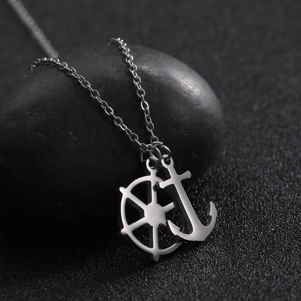 Unique Design Rudder and Anchor Double Pendant Necklace for Men Women High Quality Stainless Steel Retro Pirate Jewelry