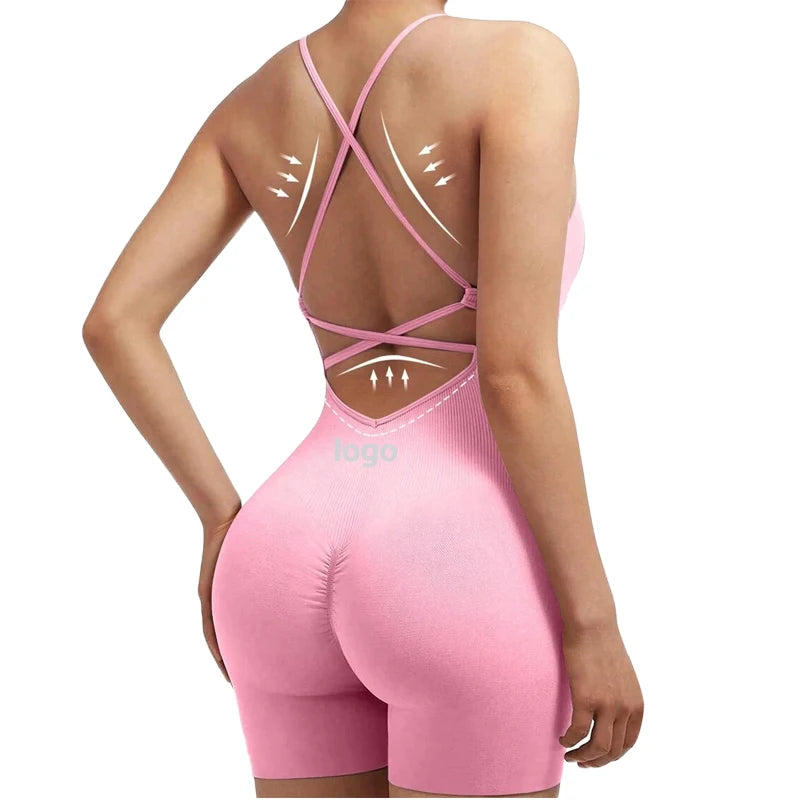 Yoga Compression Scrunched Back Butt Basic Seamless High-stretch Cross-back Athletic Jumpsuit for Women