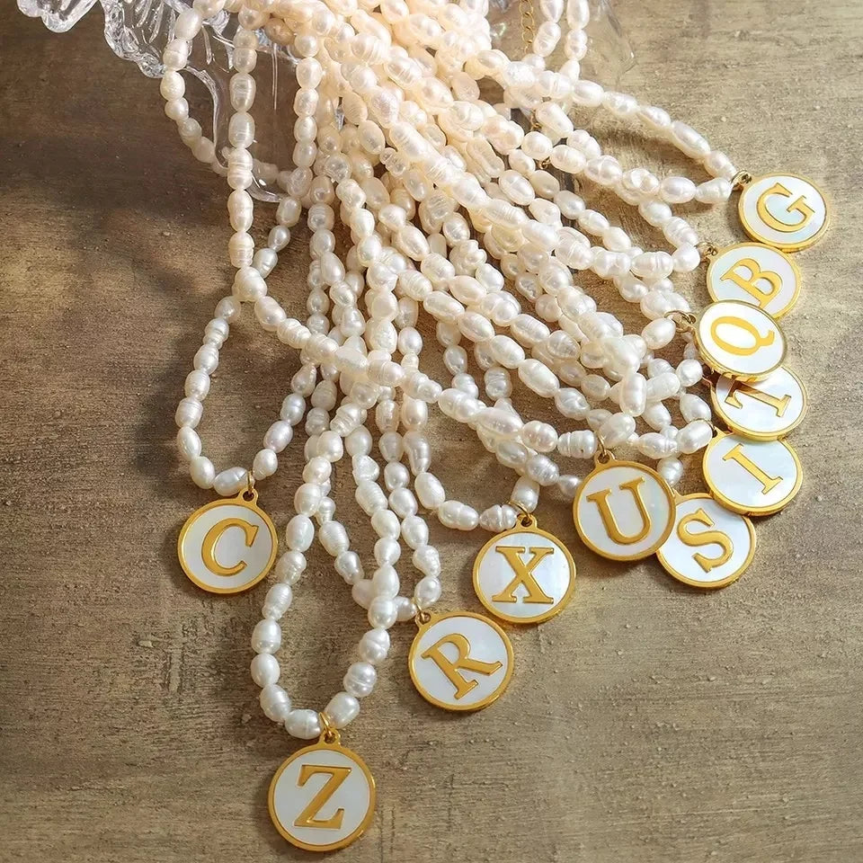 Maiou Waterproof Luxury White Shell 26 Letter Handmade Freshwater Pearl Beaded Initial Pendant Necklace Jewelry for Women