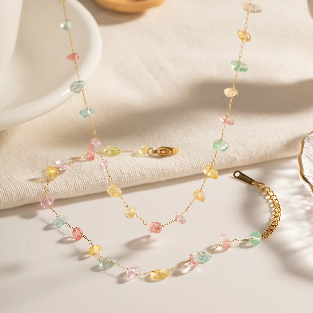 Fast Delivery Best Gift Bracelet Friendship Gold Plated Crystal Stone Beads Colorful Pendant Bracelet and Necklace for Girls
