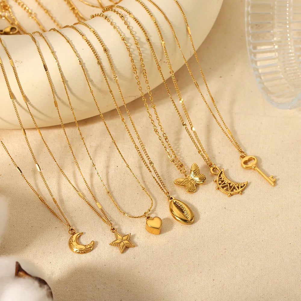 Star Heart Moon Stainless Steel Pendant Necklace 18K Gold Butterfly Shell Chain Necklace Women