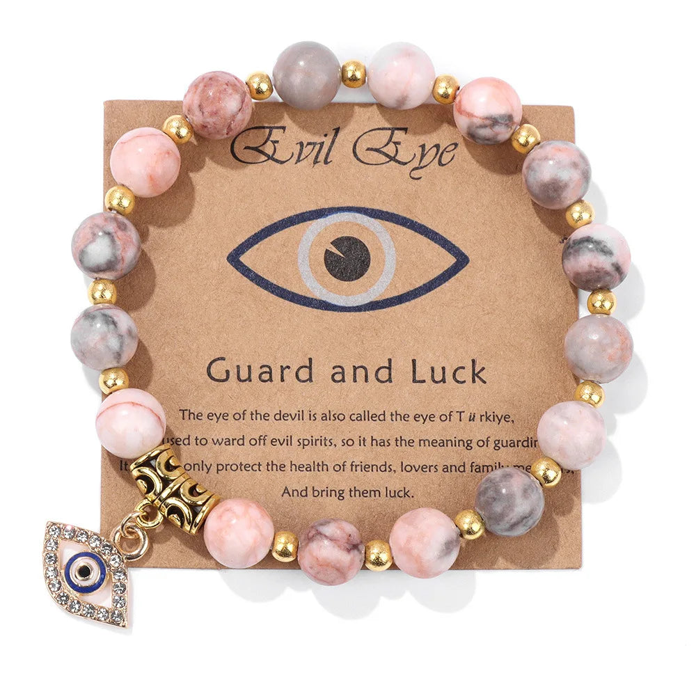 Micro Inlaid Rhinestone Evil Eye Pendant Bracelet Natural Stone Pink Zebra Jasper Beaded Bracelets