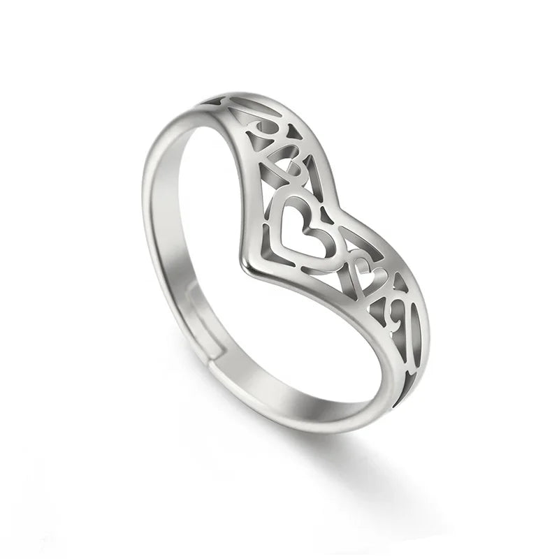Fashion Hollow Heart Ring Resizable Gold Color Stainless Steel Finger Rings Jewelry Anniversary Holiday Gift for Women Girl
