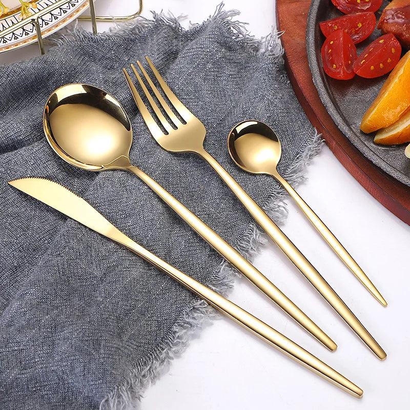Knife Fork Spoon Chopsticks Set Titanium Gold Black Stainless Steel Mirror Elegant Portuguese Tableware Gift Box Dinnerware S
