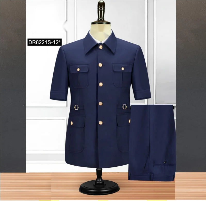 Two Piece Set of Oversized Men's Workwear African Ethnic Jacket Stand Collar Set Single Breasted Jacket and Pants Set