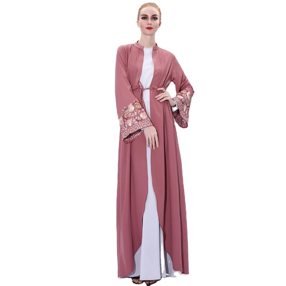 Plain Color Front Open Drawstring Waist Pleated Top Embroidery Cuff Women Muslim Dress