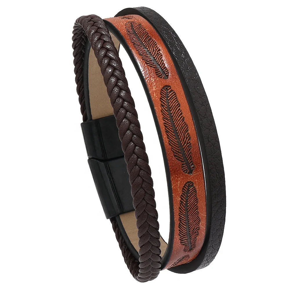 Wholesale Vintage Jewelry Bracelets Bangles Engrave Feather PU Leather Bracelet for Men Women