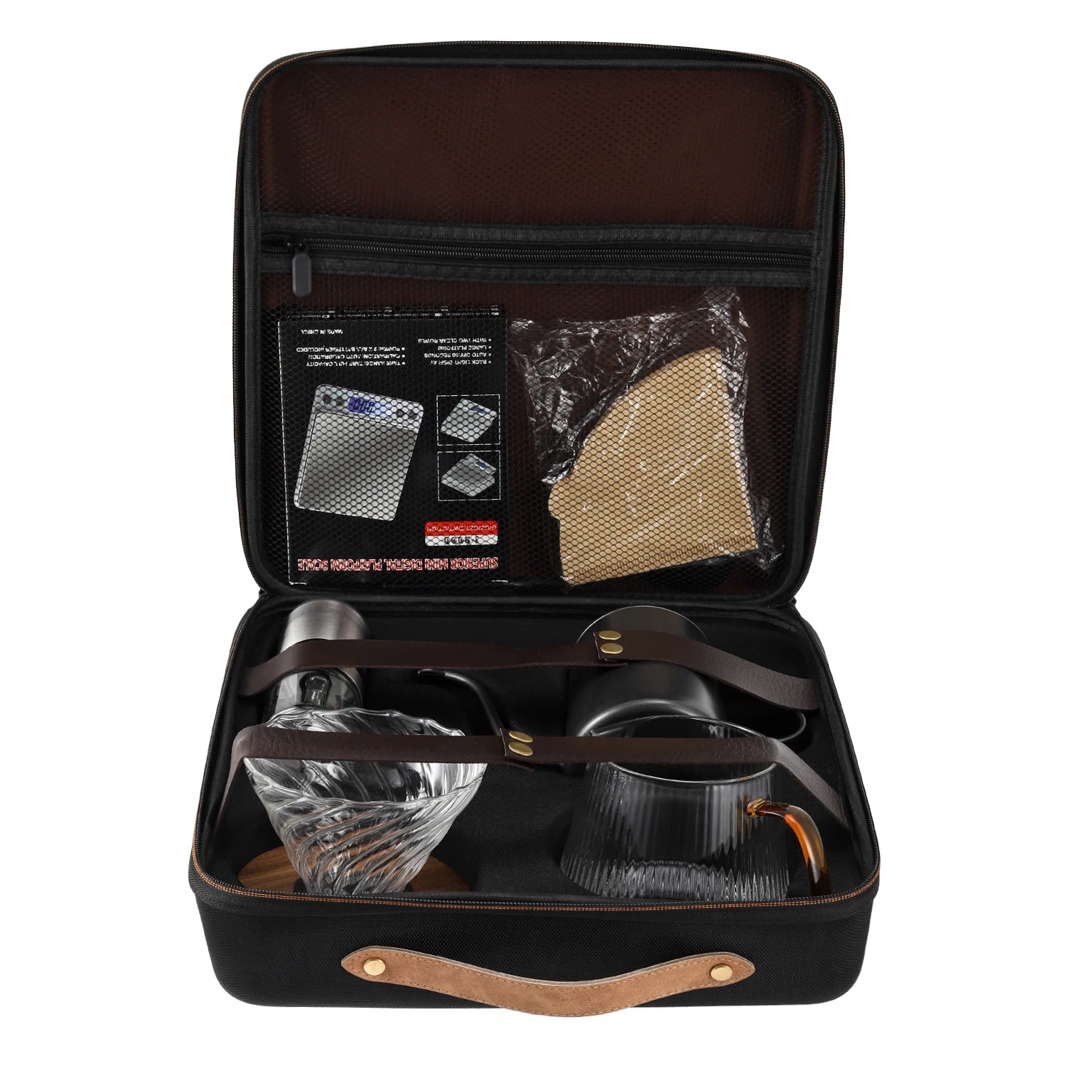 Portable Outdoor Camping Coffee Maker Set Waterproof Bag Drip Coffee Grinder Pot with Filter Kit Travel Tea Cups Saucers Gift