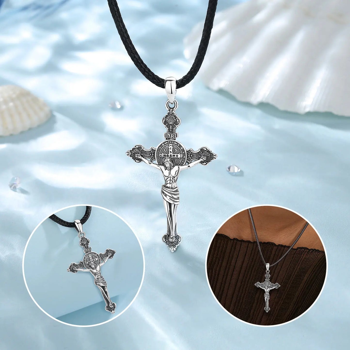 Changda 925 Sterling Silver Vintage Gothic Jesus Jesus in Cross Inri Cross Crucifix Pendant Necklace for Women