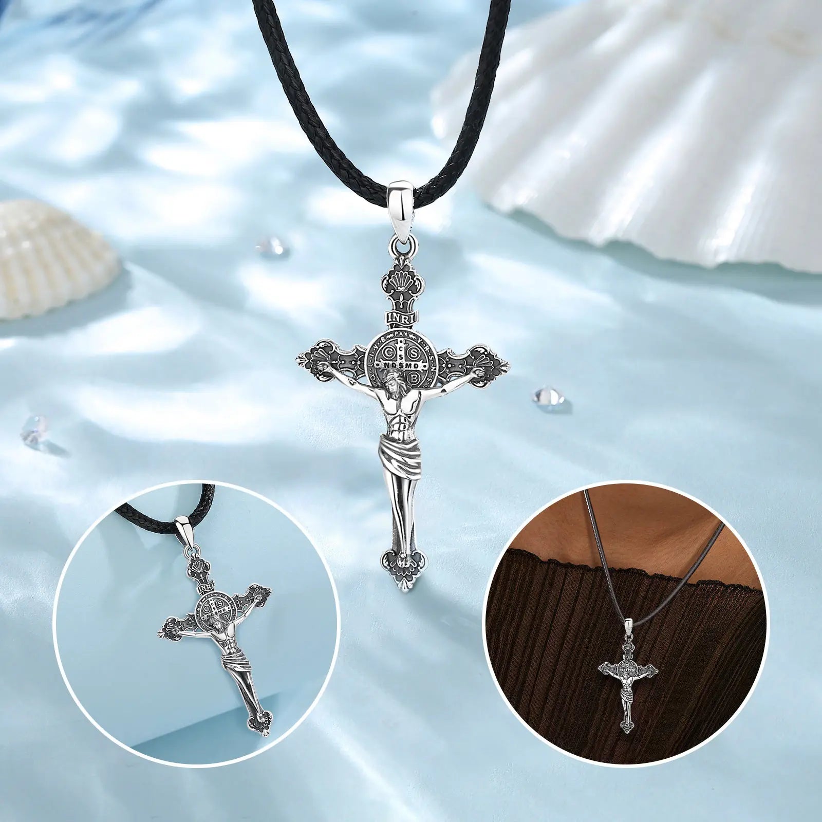 Changda 925 Sterling Silver Vintage Gothic Jesus Jesus in Cross Inri Cross Crucifix Pendant Necklace for Women