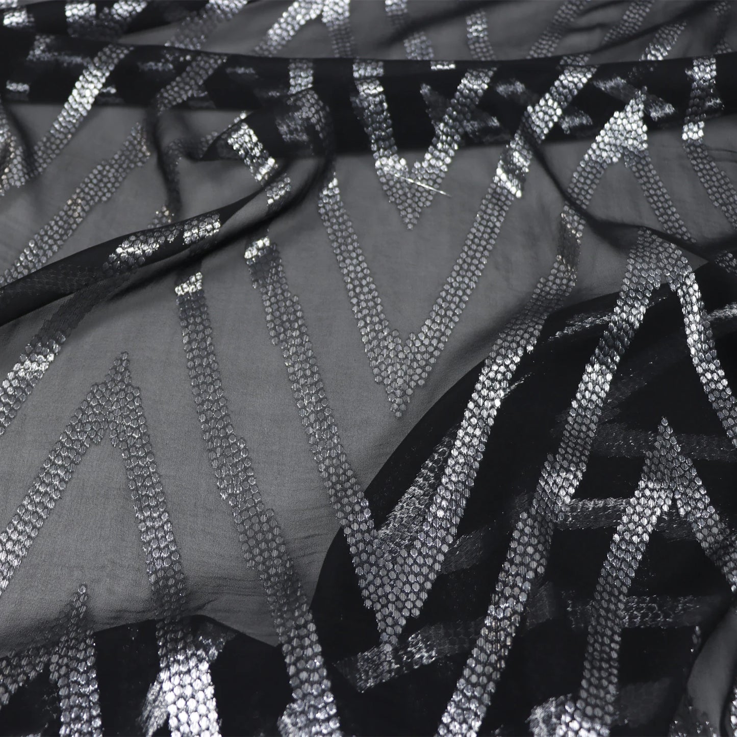 Western Country Shiny Trendy Amazing Silk Metallic Fabric Lurex Silver V Black Base Wonderful for Skirt Pants Shirt