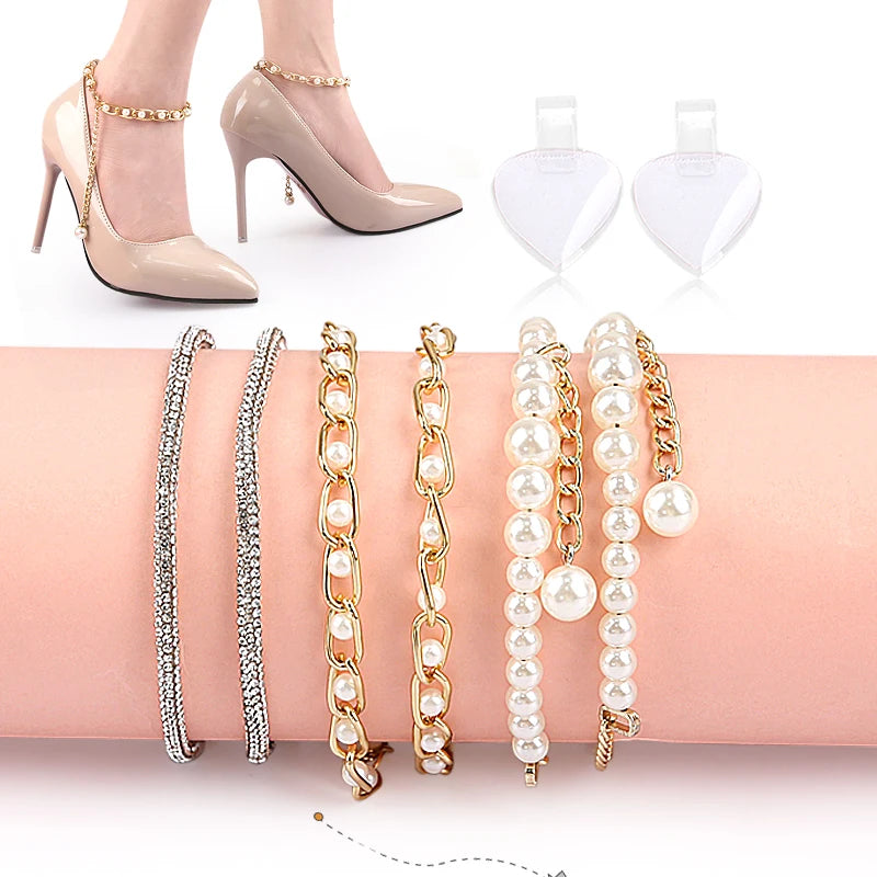 Pearl Diamond Chain Inlaid Lace Up Flat PP Material Shoelaces for High Heels No Need to Install Prevents Heel Slipping