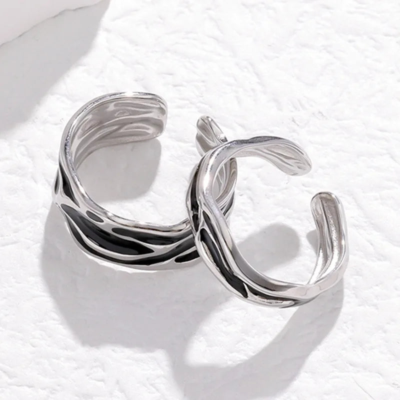 Stainless Steel Dropping Oil Black Irregular Shape Ring Anillo De Acero Inoxidable Adjustable Black Men's Ring