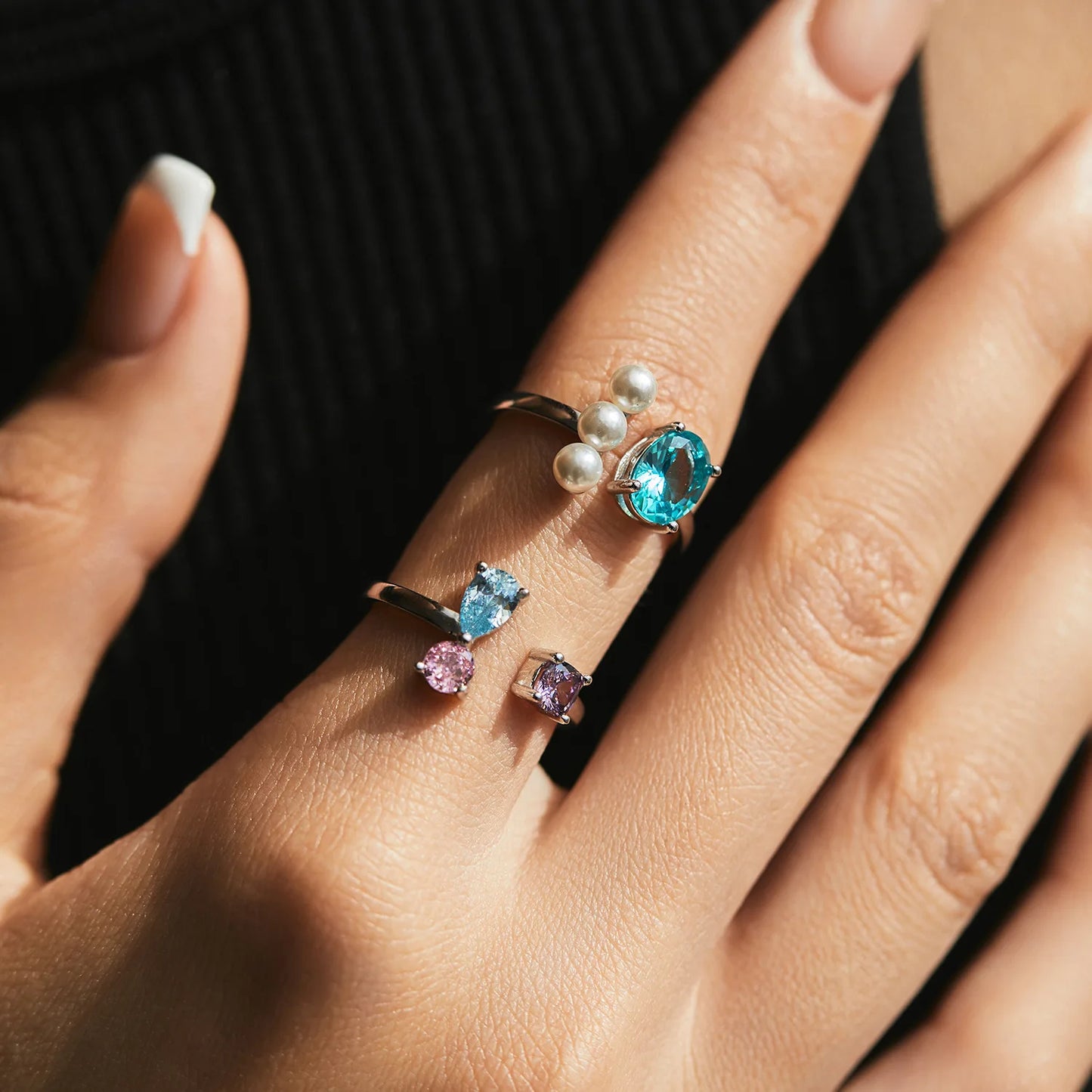 Daidan Pearl Rings Jewelry Women Cz Rings Women Dainty Geometric S925 Silver Open Adjustable Ring