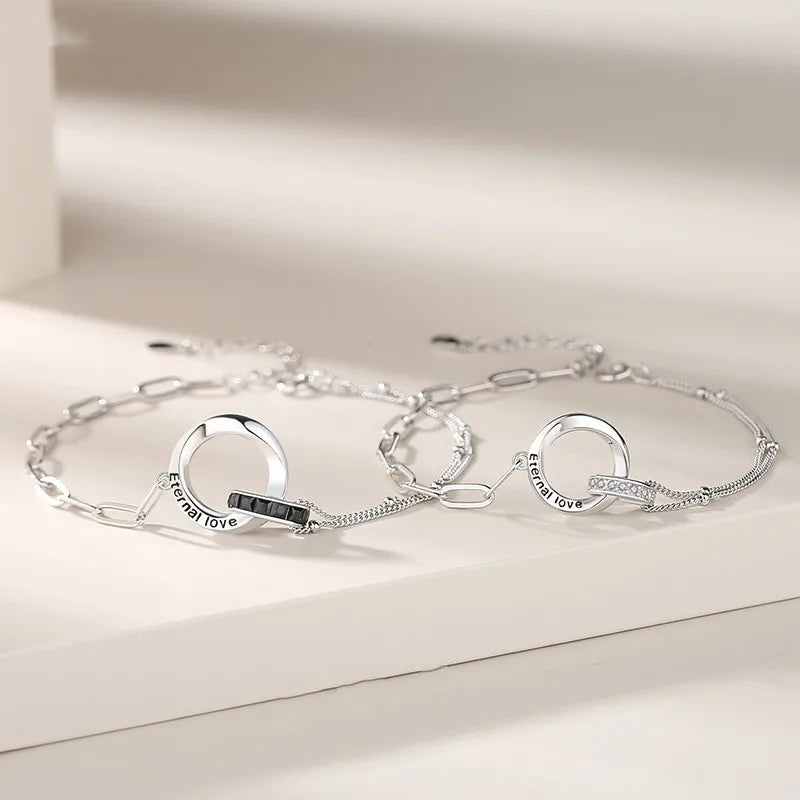 Brief Black English Letter Bracelets Inlay Zircon Double Loop 925 Sterling Silver Chunky Long Link Chain Bracelets