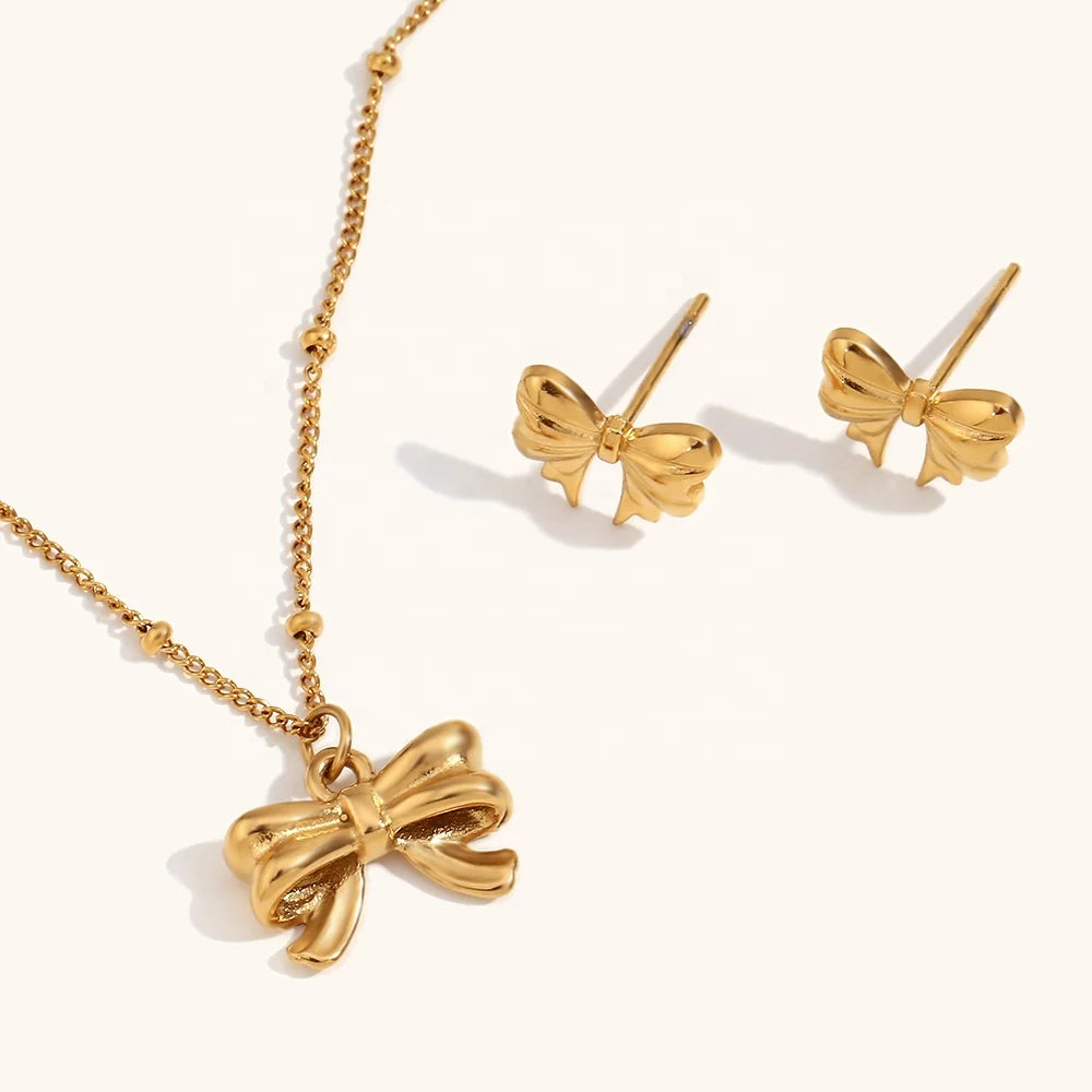 Dingran Summer Design Waterproof Bow Stud Earrings and Necklace Set Stainless Steel Jewelry Set