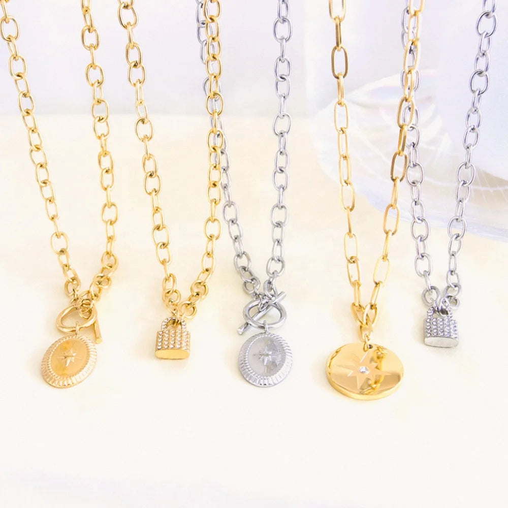 18K Gold Plated Stainless Steel Necklace CZ Paved Lock Eight Mans Pendant Link Chain Jewelry Accessories for Women Men's Wedd