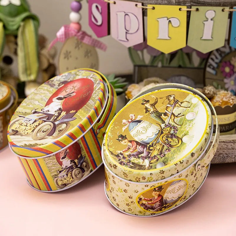 Easter Oval Tin Box with Handle Rabbit Egg Portable Storage Box Children's Gift Cookie Box Holiday Decoration