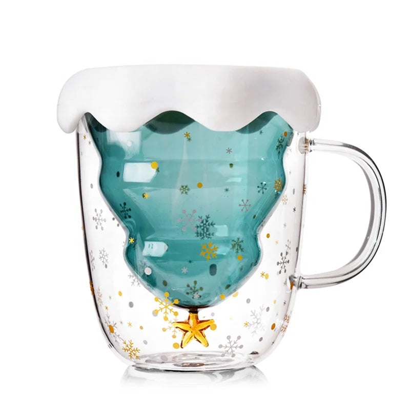Factory Price Glass Coffee Mug Heat Resistant Insulated Christmas Tree Cup Double Wall Glass Mug with Silicone  Lid X-mas Gif