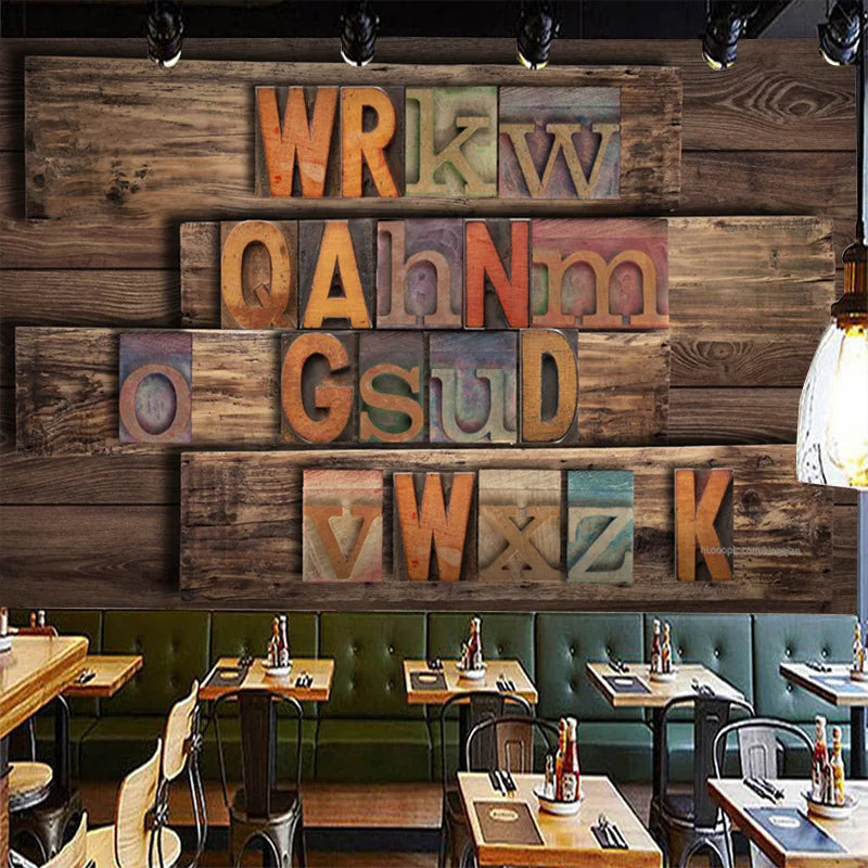 European Retro 3D Personality Wallpaper Coffee Restaurant Wallpaper Creative Wood Board Pattern Letter Bar Ktv Mural
