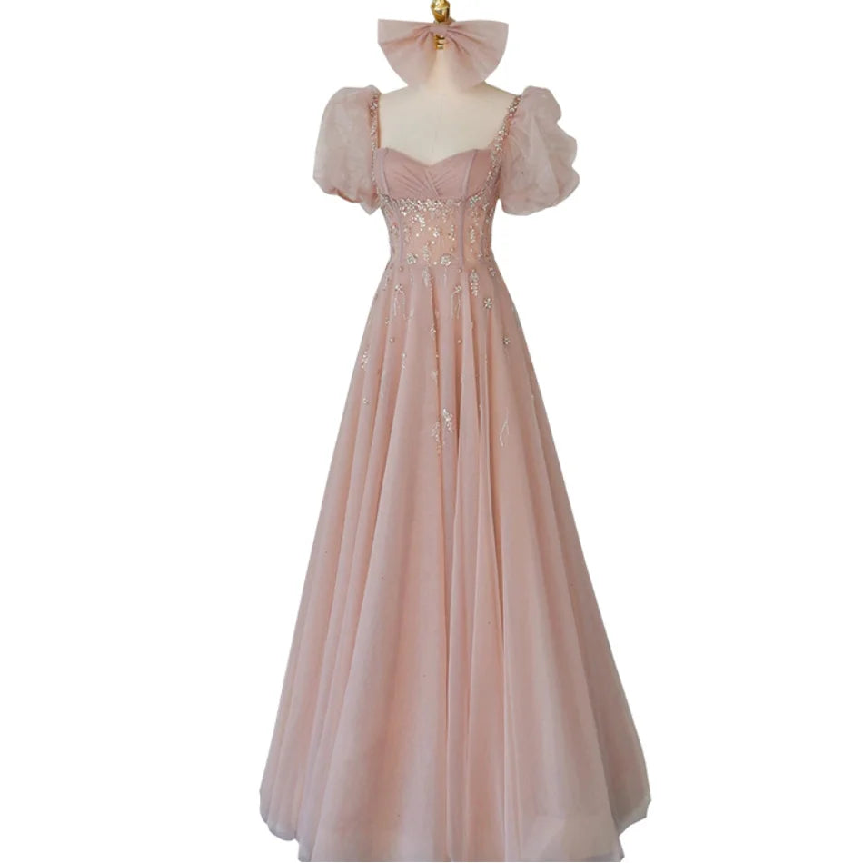 Elegant Short Puff Sleeve Beading Sequins Lace Bow A-line Lace-up Bridesmaid Dress for Girls Evening Party Dress Plus Size Wo