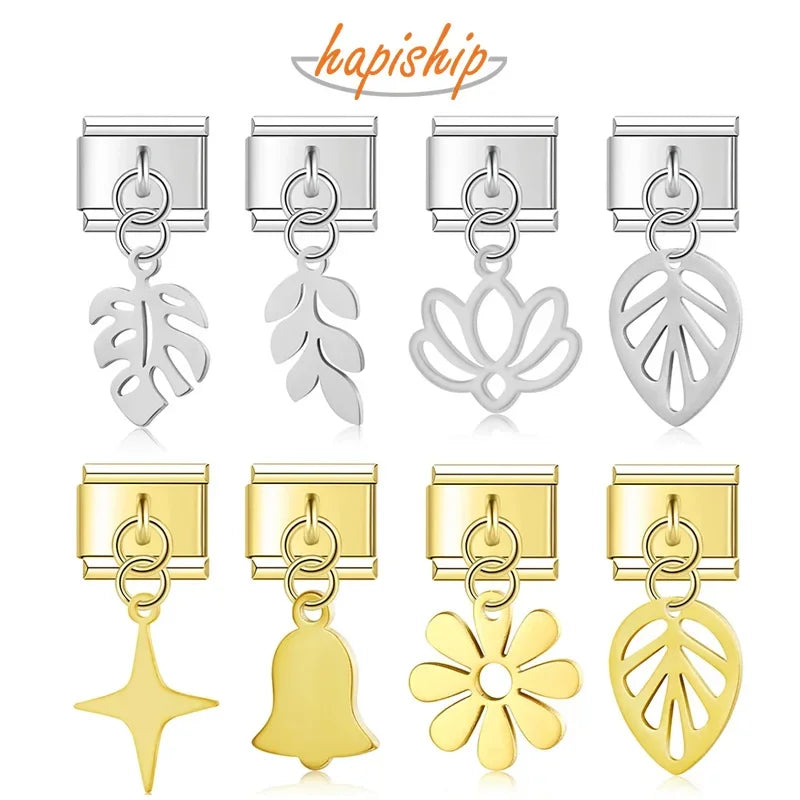 Hapiship 2024 New Fashion Flower Cross Leafs Bell Italian Charm Links Fit 9mm Stainless Steel Bracelet Jewelry DIY Making DJ1