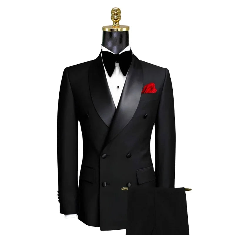 Black Shawl Satin Lapel Double Breasted Man Suits Mens Wedding Groomsmen Prom Dinner Suits Bridegroom Jacket Pants 2 Pieces S