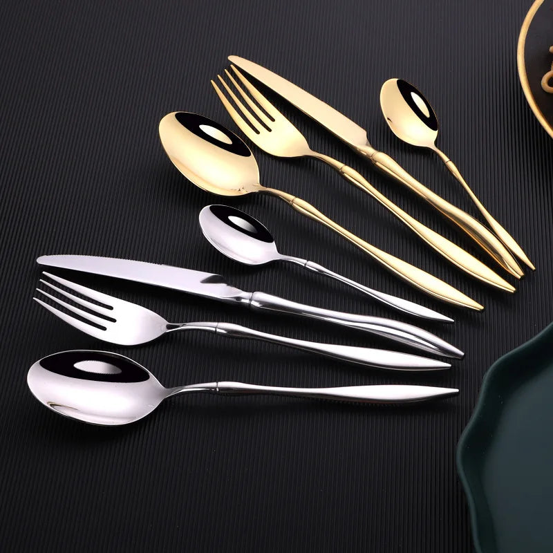 Mirror Luxury 18/8 Stainless Steel 24-Piece Cutlery Set Fork Knife Spoon Silverware Gold Flatware Tableware for Wedding
