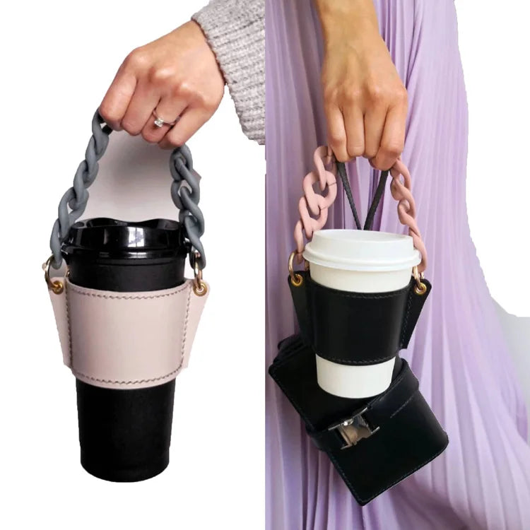 Hot Sale Handmade Coffee Cup Sleeve Holder Paper Glass Packaging Tea Cup PU Leather Cup Holder with Acrylic Chain Strap Handl