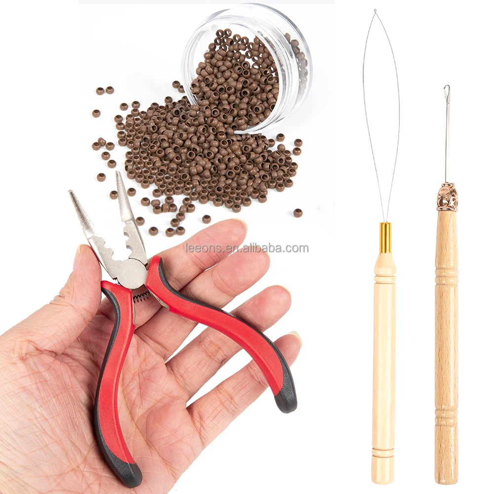 Wholesale Ergonomic Three-Hole Mini Hair Extension Plier Set Crochet Hook Loop Micro Nano Rings Beads Tools Kit Leeons Brand 