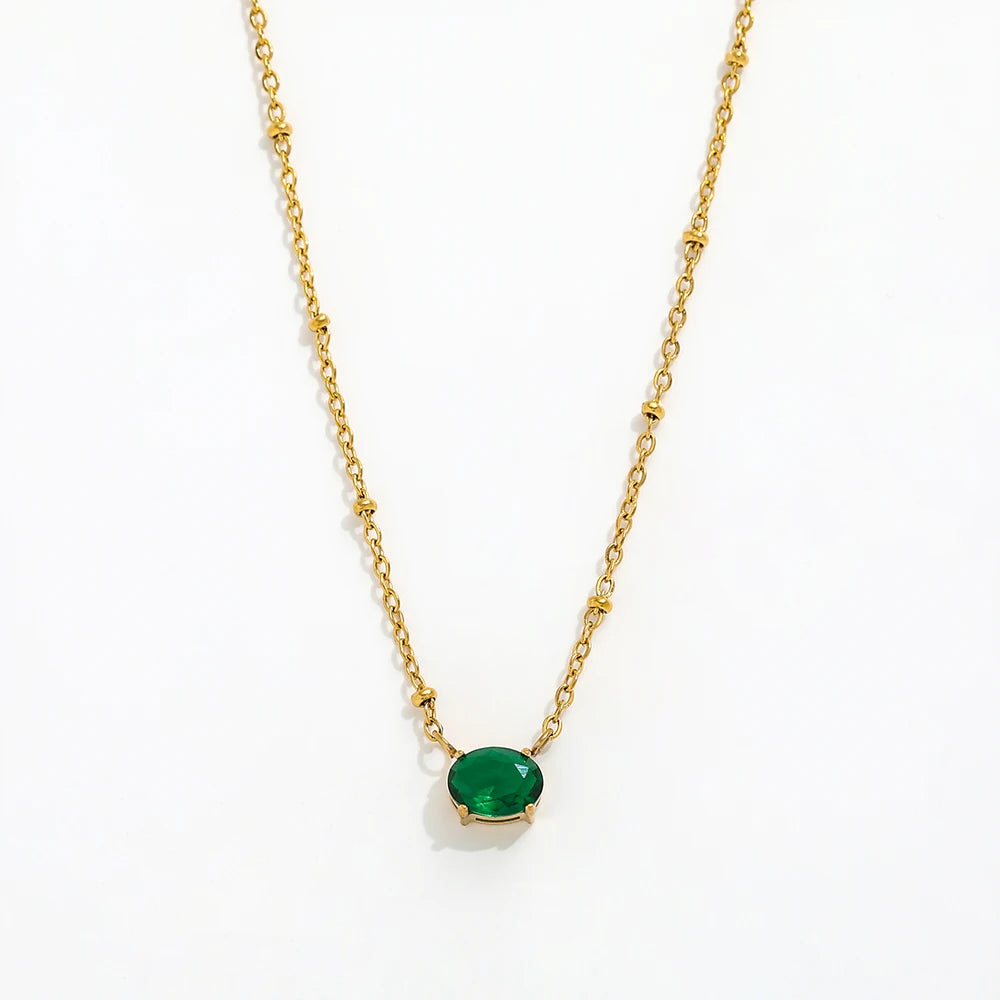 JOOLIM High End Stainless Steel Jewelry Oval Green Zirconia Pendant Cable Chain Beads Necklace 18K Gold Plated Jewelry Wholes