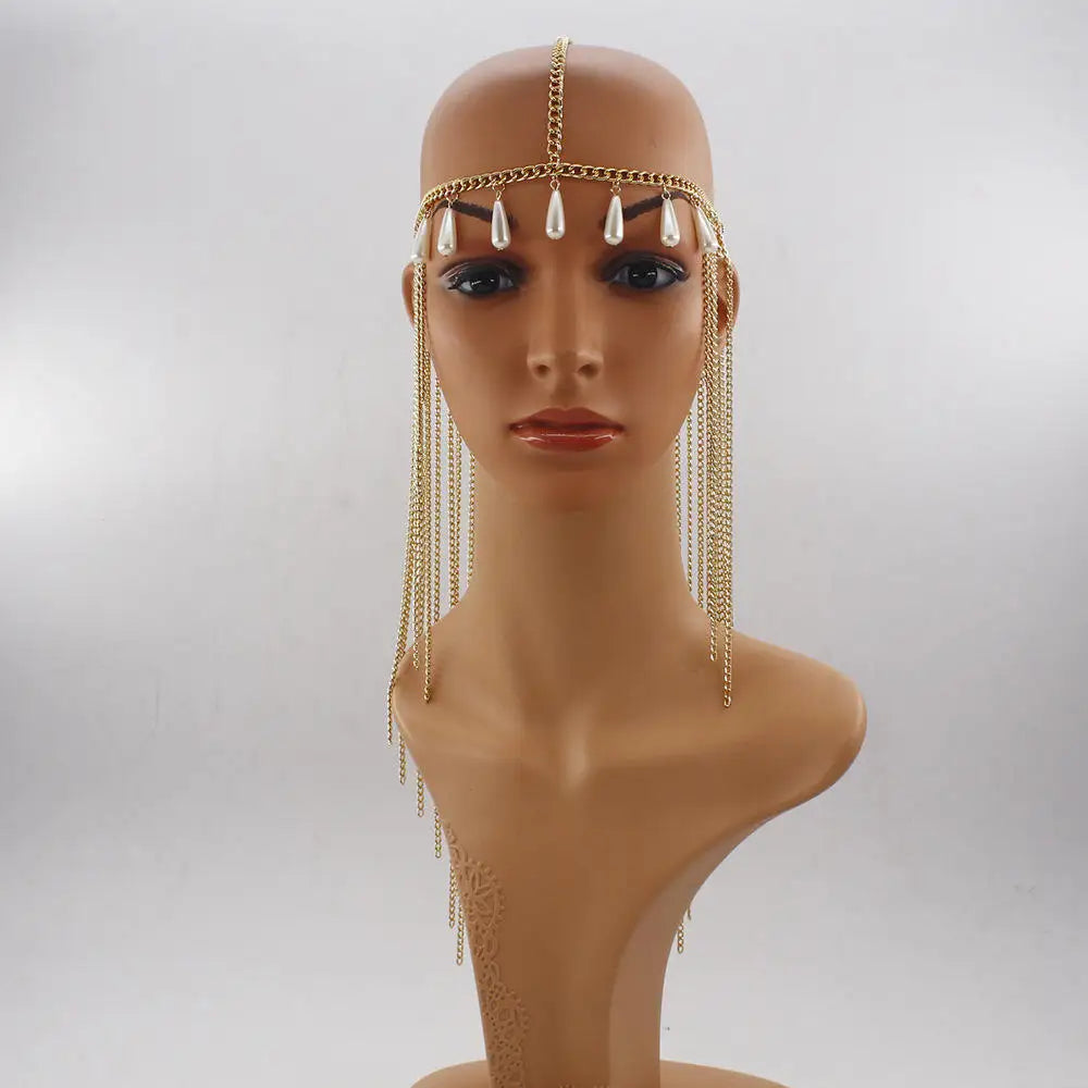 New Design Elegant Long Tassel Pearl Female Party Fashion Exaggerated Rhinestone Headchain Forehead Chain