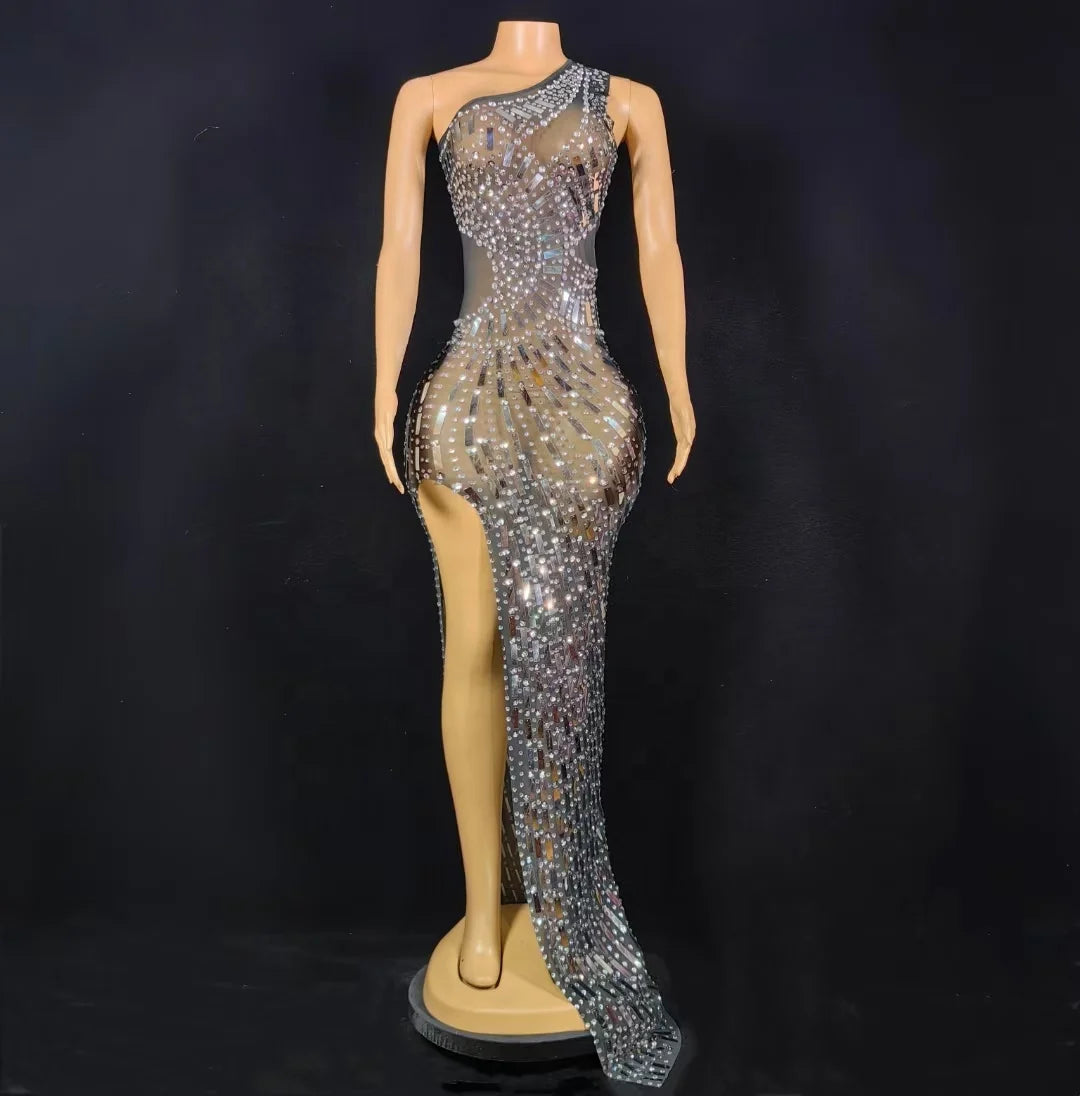 Designer Single Shoulder Glitter Sequins Birthday Party Long Dress Female Costume Women Crystal Sexy Formal Prom Evening Dres