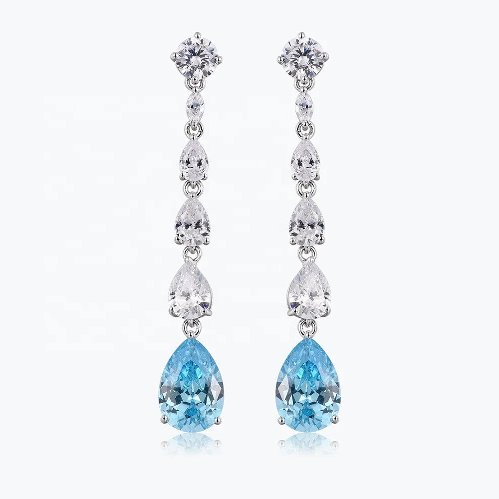Simple Treadment Pear Cut Sea Blue Synthetic Zircon Earrings for Women Stylish 925 Sterling Silver Synthetic Zircon Jewelry