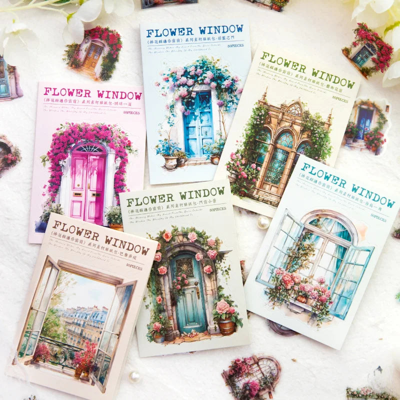 50pcs/pack PET Sticker Pack Flower Bouquet Passing by Your Window Series Romantic Flower Window Handbook Material