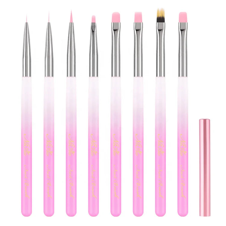 New Color Hot Selling in Stock Liner UV Gel Painting Striper Acrylic Handle 8pcs Pink Purple Nail Brush Set for Art