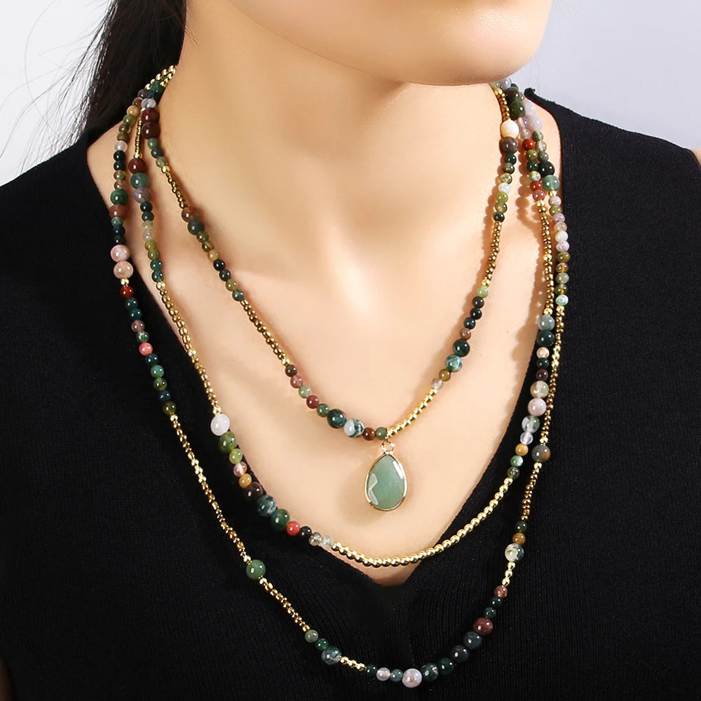 Fashionable Bohemian Women Jewelry 3-Layer Natural Stone Hematite Beaded Necklace Small Droplets Pendant Necklace
