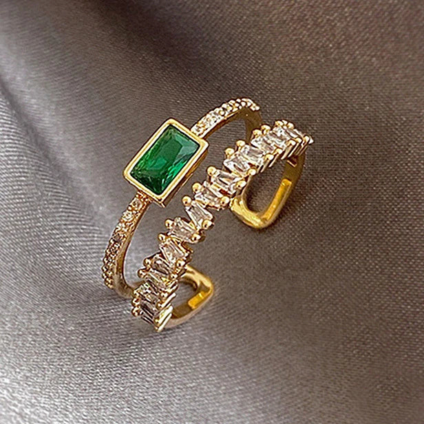 CAOSHI New Jewelry Double Layer Finger Ring for Women Green CZ Crystal Geometric Silver Gold Opening Adjustable Rings