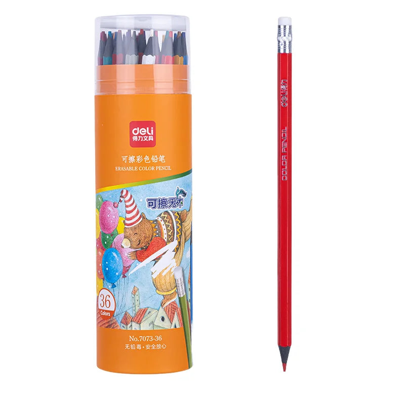 Deli 7073-36 36pcs/barrel Erasable Colored Pencil for Students Pencil with Rubber Head 72barrel*36pcs=2592pcs Per Carton Set