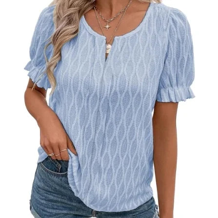 European and American Women's 2024 New V-Neck T-shirt Bubble Sleeves Jacquard Casual Loose Short Sleeves