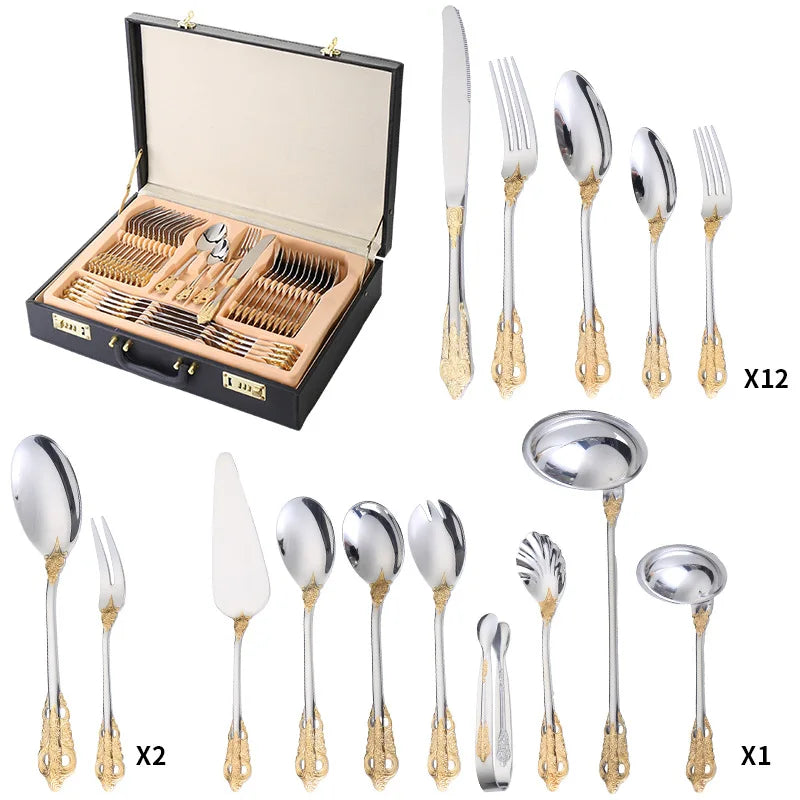 72-Piece Eco-Friendly Disposable Stainless Steel Cutlery Set Gold Luxury Retro Palace Style Party Flatware with Gift Box