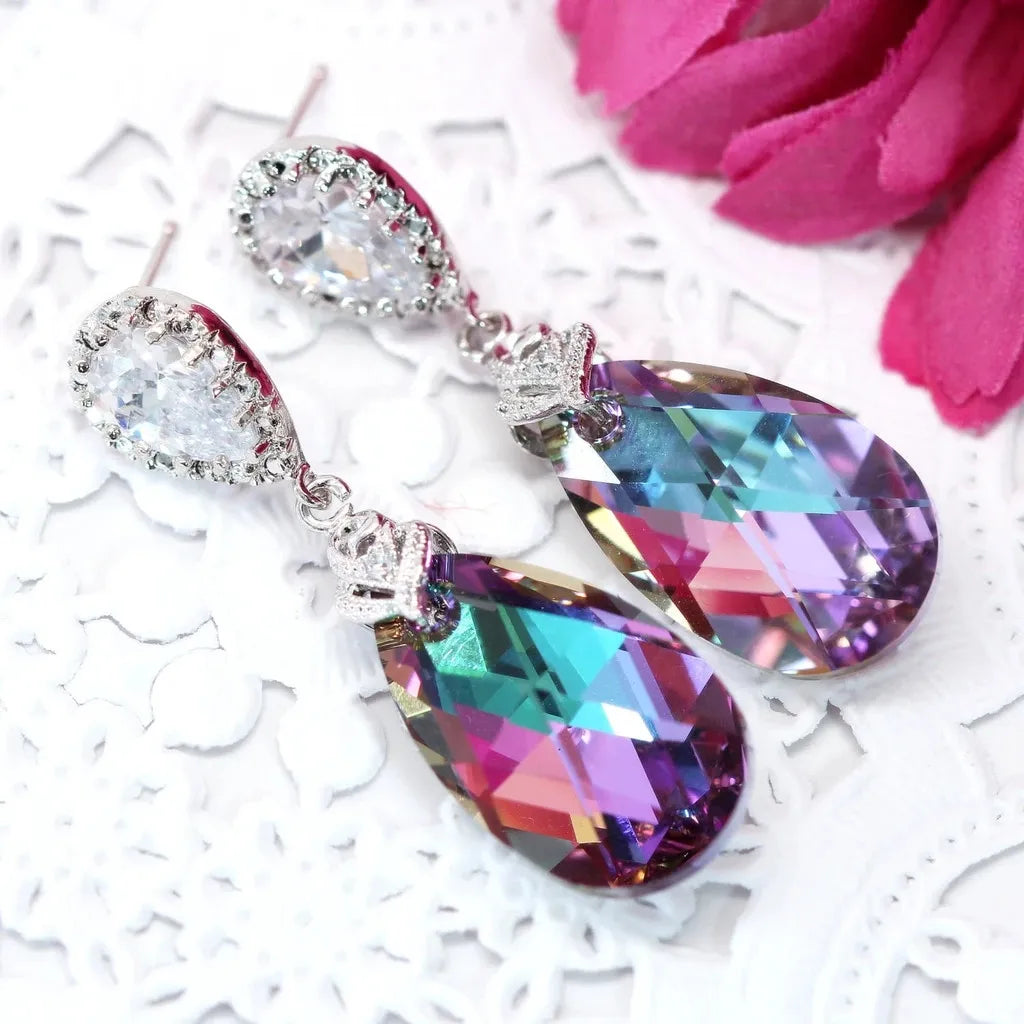 Huitan Waterdrop Gems Dangle Earrings for Women 2025 Silver Plating Stud 2 Colors Cubic Zirconia Earrings Jewelry Gift Earrin