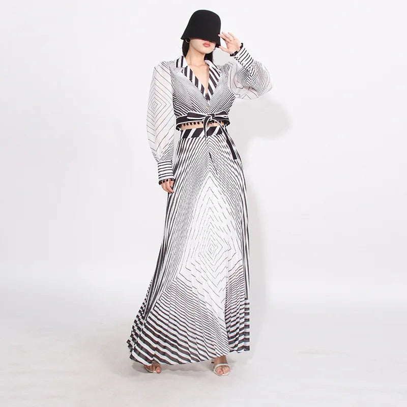 2025 Spring Summer Stylish Striped Lace-up Shirt High-waisted Knee-length Skirt Suit New Commuter Two-piece Set Polyester Fab