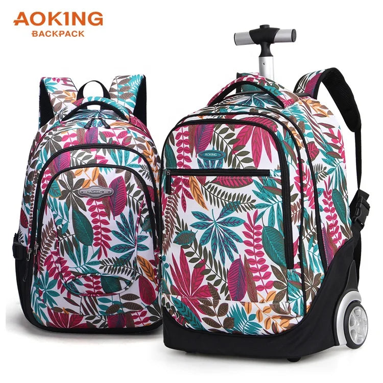 Factory Custom Printing Fashion Unisex Kids School Trolley Backpack 2 Wheels 20-36L Capacity Waterproof Durable Letter Zipper